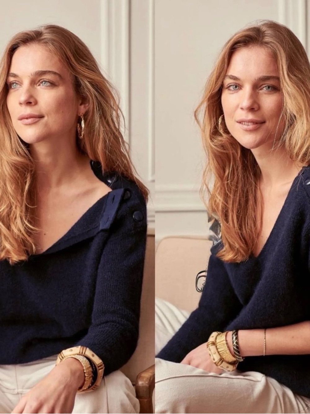 Sezane Navy Off-the-Shoulder V-Neck Sweater with Shoulder Buttons